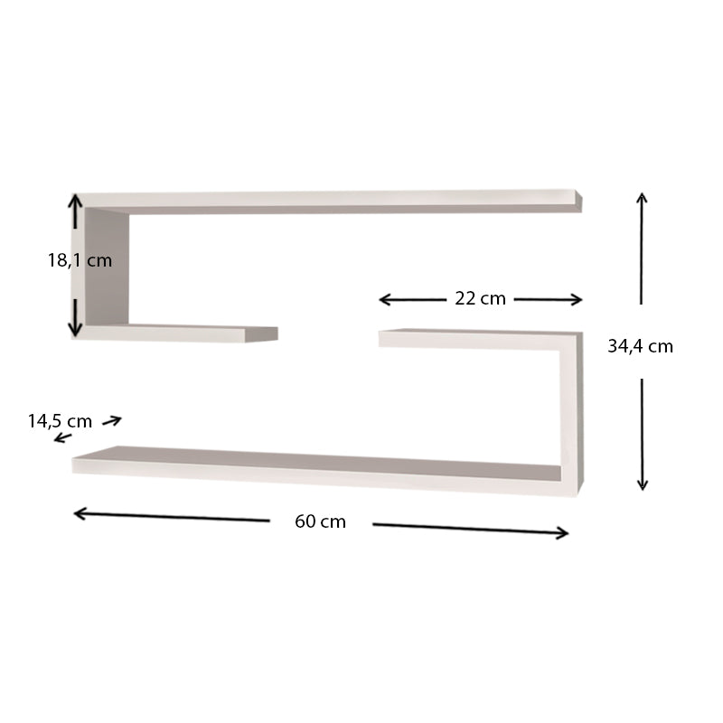 Two white wall shelves MARIO, each measuring 60x14.5x18 cm, showcasing a sleek and modern design suitable for various interior styles.